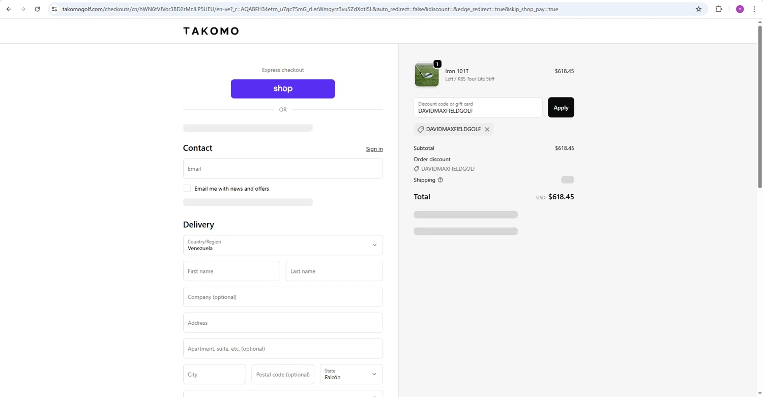 Takomo Golf discount code screenshot showing code DAVIDMAXFIELDGOLF applied at Takomo Golf checkout page. Uploaded by SimplyCodes community member Jeremi on Dec 26, 2025