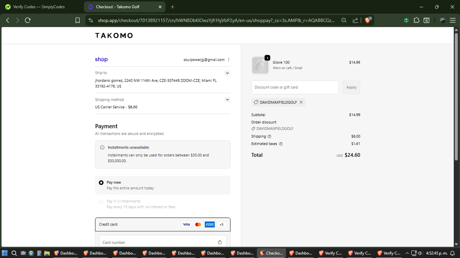 Takomo Golf checkout page showing Takomo Golf discount code box | Screenshot taken by SimplyCodes community member on Jan 30, 2026