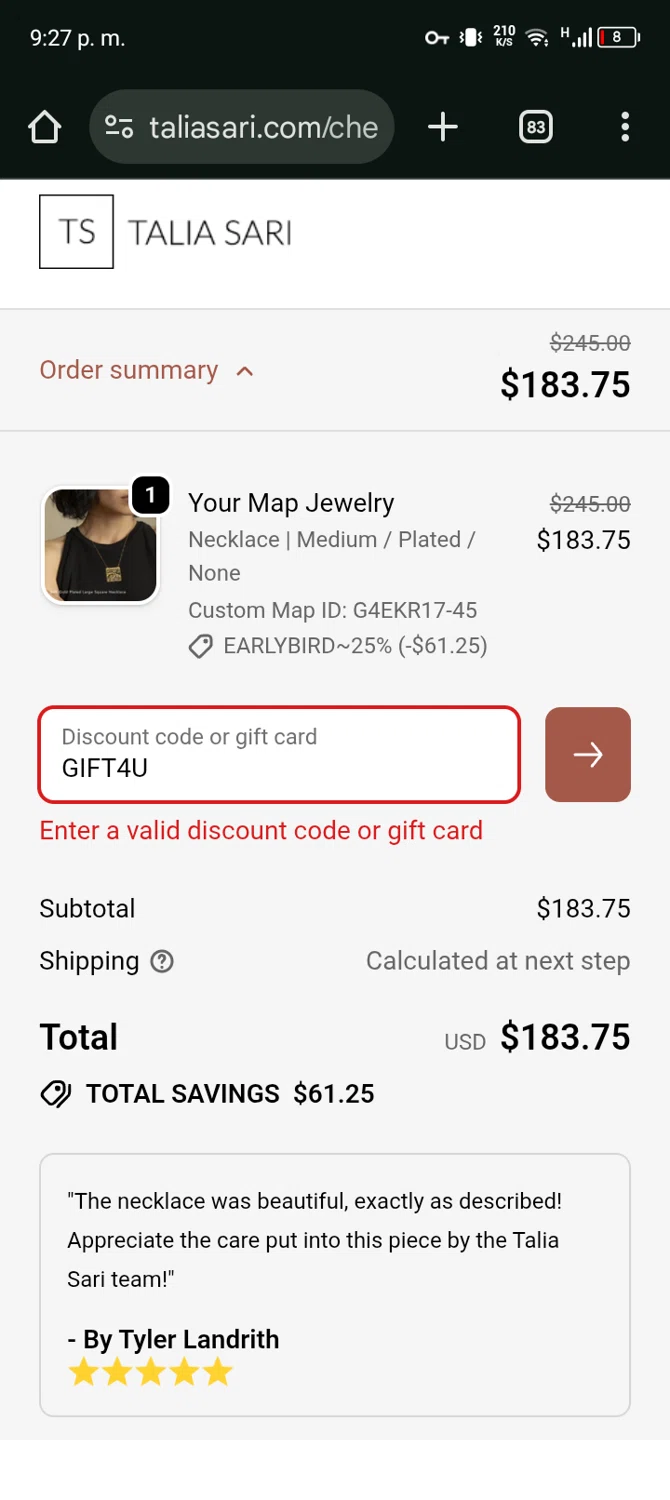 Talia Sari discount code screenshot showing code GIFT4U applied at Talia Sari checkout page. Uploaded by SimplyCodes community member Bernado on Oct 21, 2025