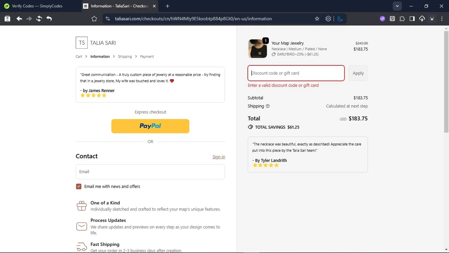 Talia Sari discount code screenshot showing code GIFT4U applied at Talia Sari checkout page. Uploaded by SimplyCodes community member CleverPioneer8971 on Oct 21, 2025