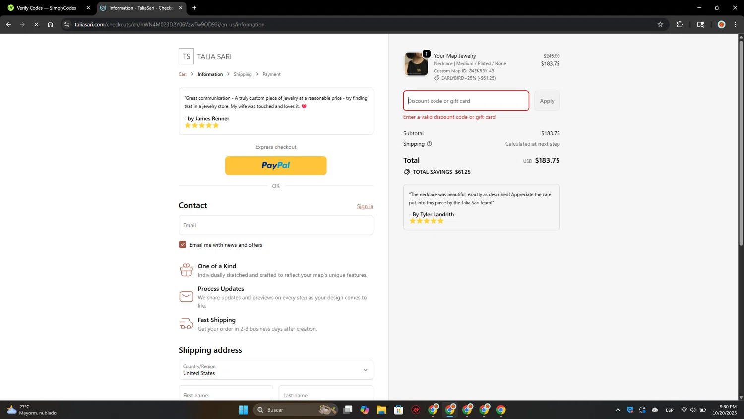 Talia Sari discount code screenshot showing code GIFT4U applied at Talia Sari checkout page. Uploaded by SimplyCodes community member MagnificentExpert2705 on Oct 21, 2025