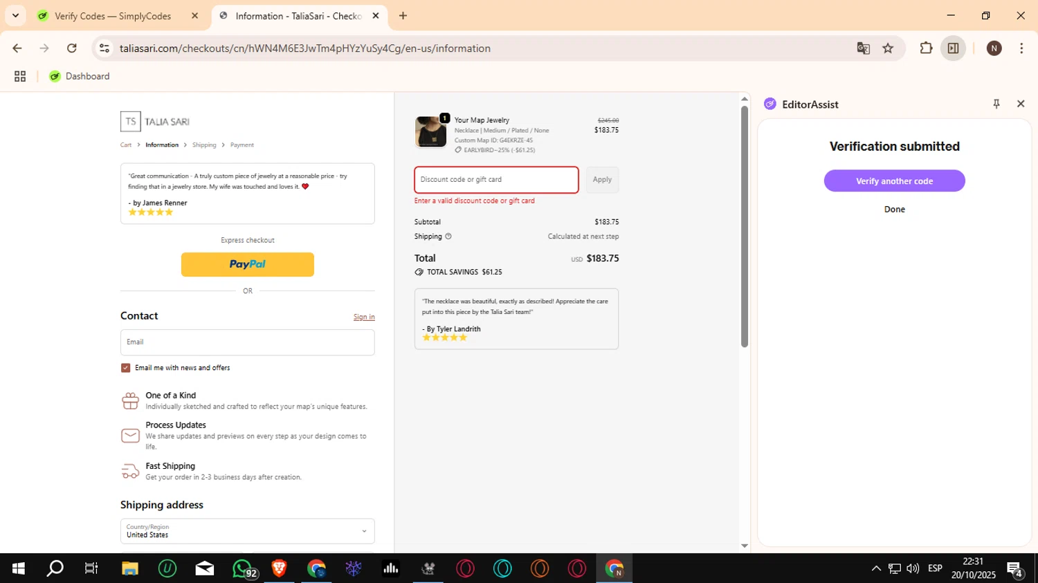 Talia Sari discount code screenshot showing code TS4NGB5 applied at Talia Sari checkout page. Uploaded by SimplyCodes community member Crchirino1 on Oct 21, 2025