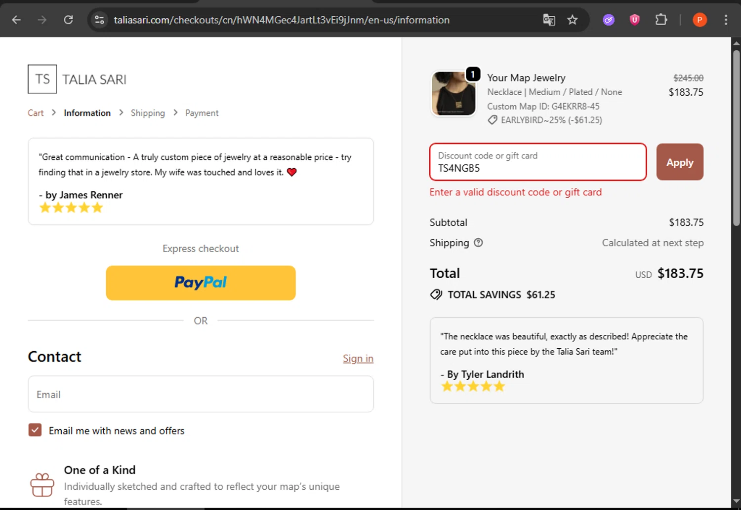 Talia Sari discount code screenshot showing code TS4NGB5 applied at Talia Sari checkout page. Uploaded by SimplyCodes community member WonderDefender6772 on Oct 21, 2025