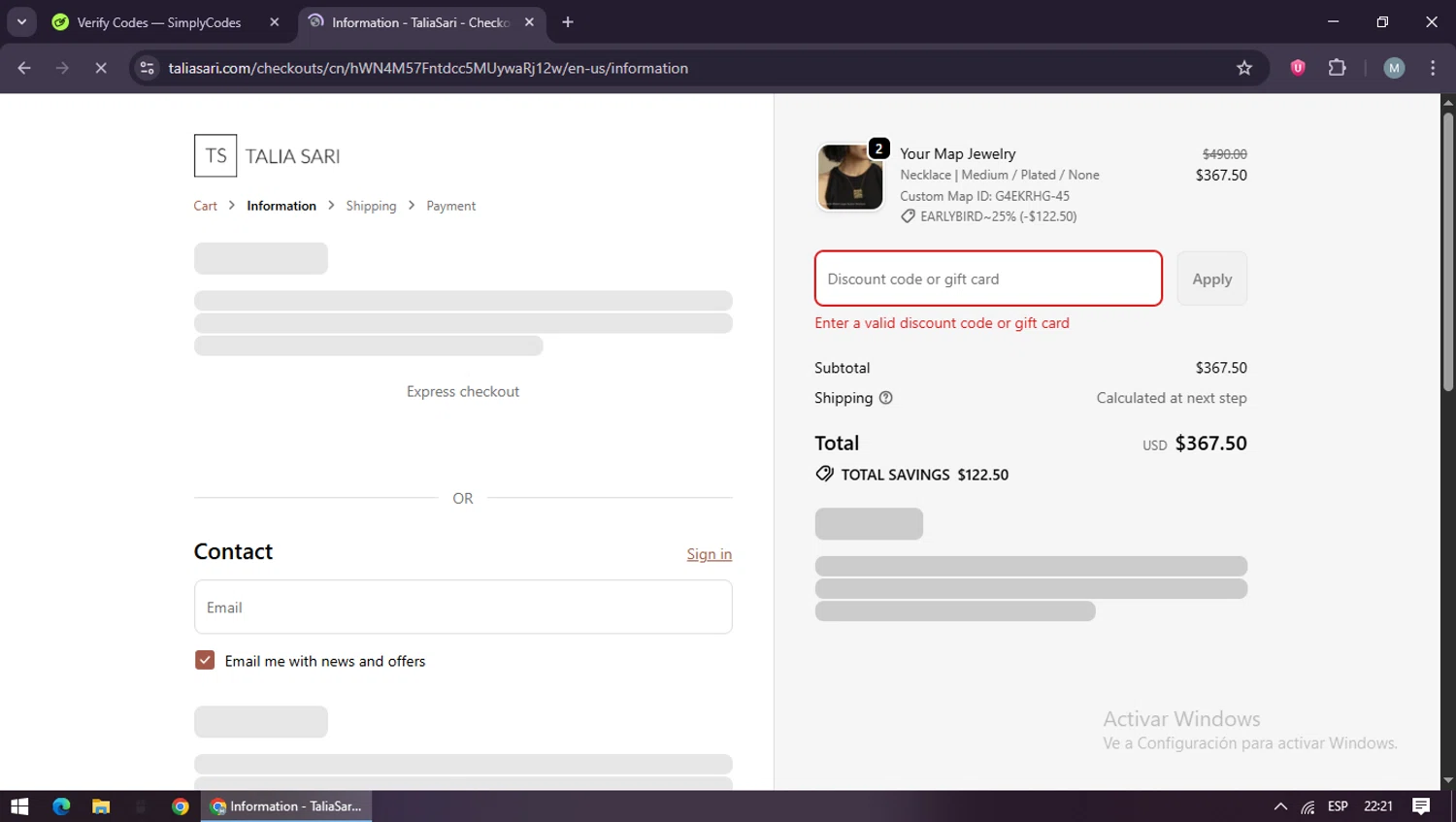 Talia Sari discount code screenshot showing code TS4NGB5 applied at Talia Sari checkout page. Uploaded by SimplyCodes community member maraxo on Oct 21, 2025