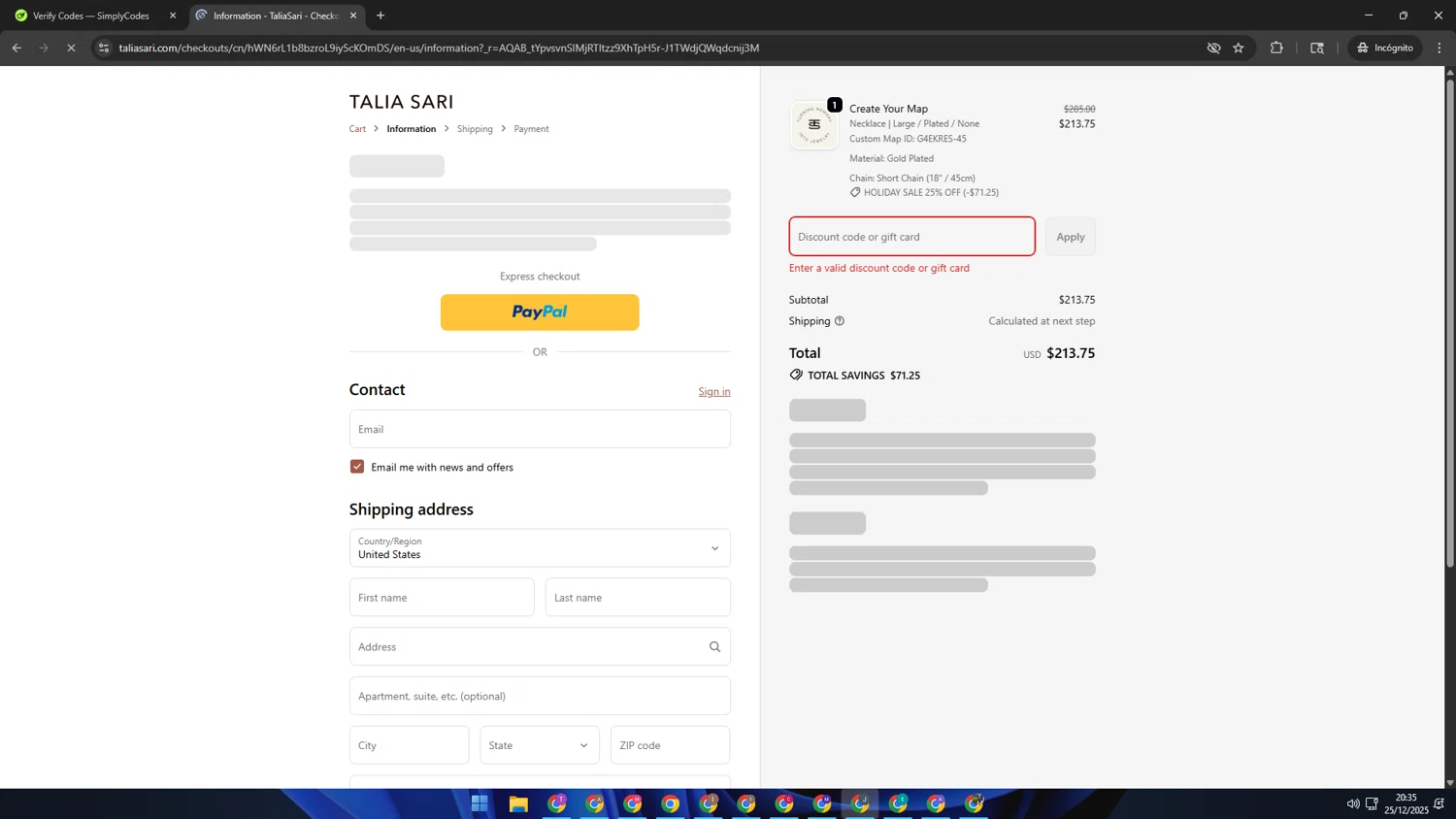 Talia Sari discount code screenshot showing code W36W25H77 applied at Talia Sari checkout page. Uploaded by SimplyCodes community member AVATIGRITO on Dec 26, 2025