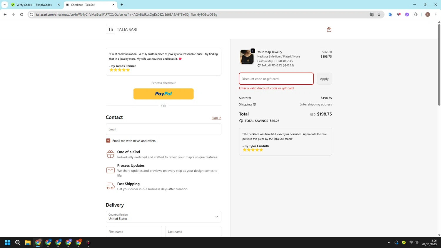 Talia Sari discount code screenshot showing code EARLYBIRD~25% applied at Talia Sari checkout page. Uploaded by SimplyCodes community member CashSleuth106 on Nov 6, 2025