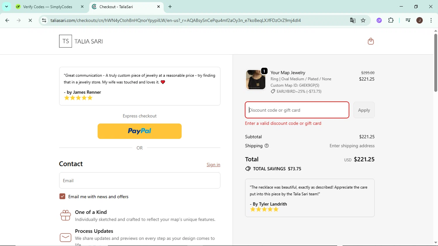 Talia Sari discount code screenshot showing code EARLYBIRD~25% applied at Talia Sari checkout page. Uploaded by SimplyCodes community member LegendaryAce8627 on Nov 6, 2025