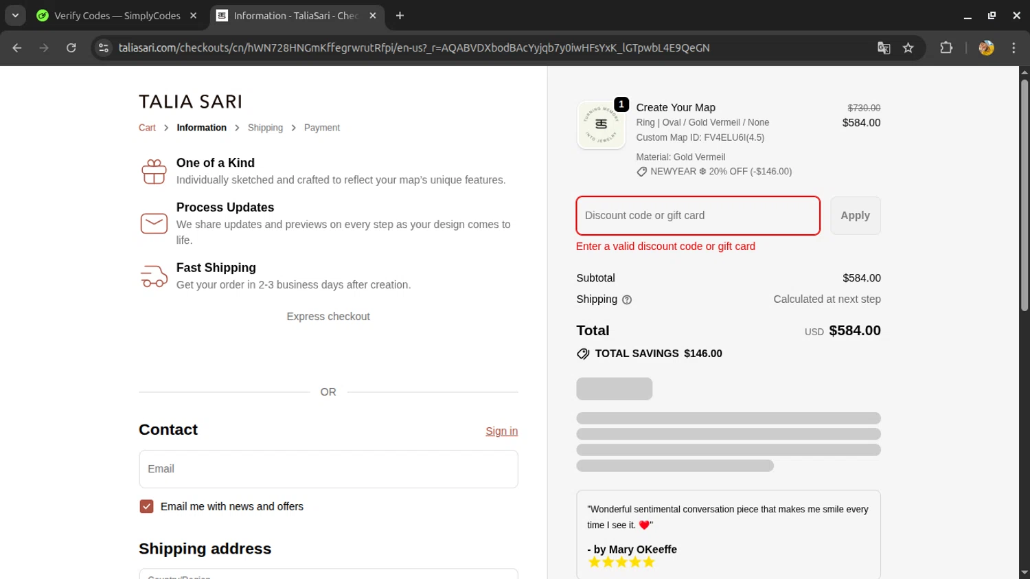 Talia Sari discount code screenshot showing code NEWYEAR applied at Talia Sari checkout page. Uploaded by SimplyCodes community member PMALONE on Dec 30, 2025