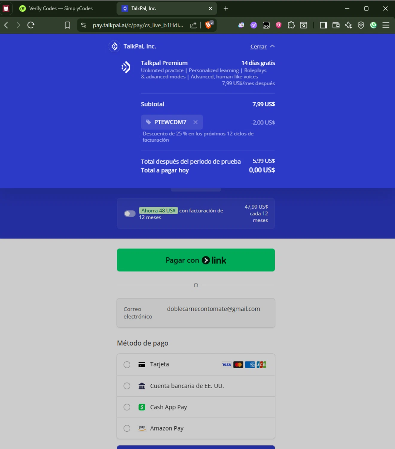 TalkPal promo code screenshot showing code PTEWCDM7 applied at TalkPal checkout page. Uploaded by SimplyCodes community member AliceLidell on Nov 14, 2025