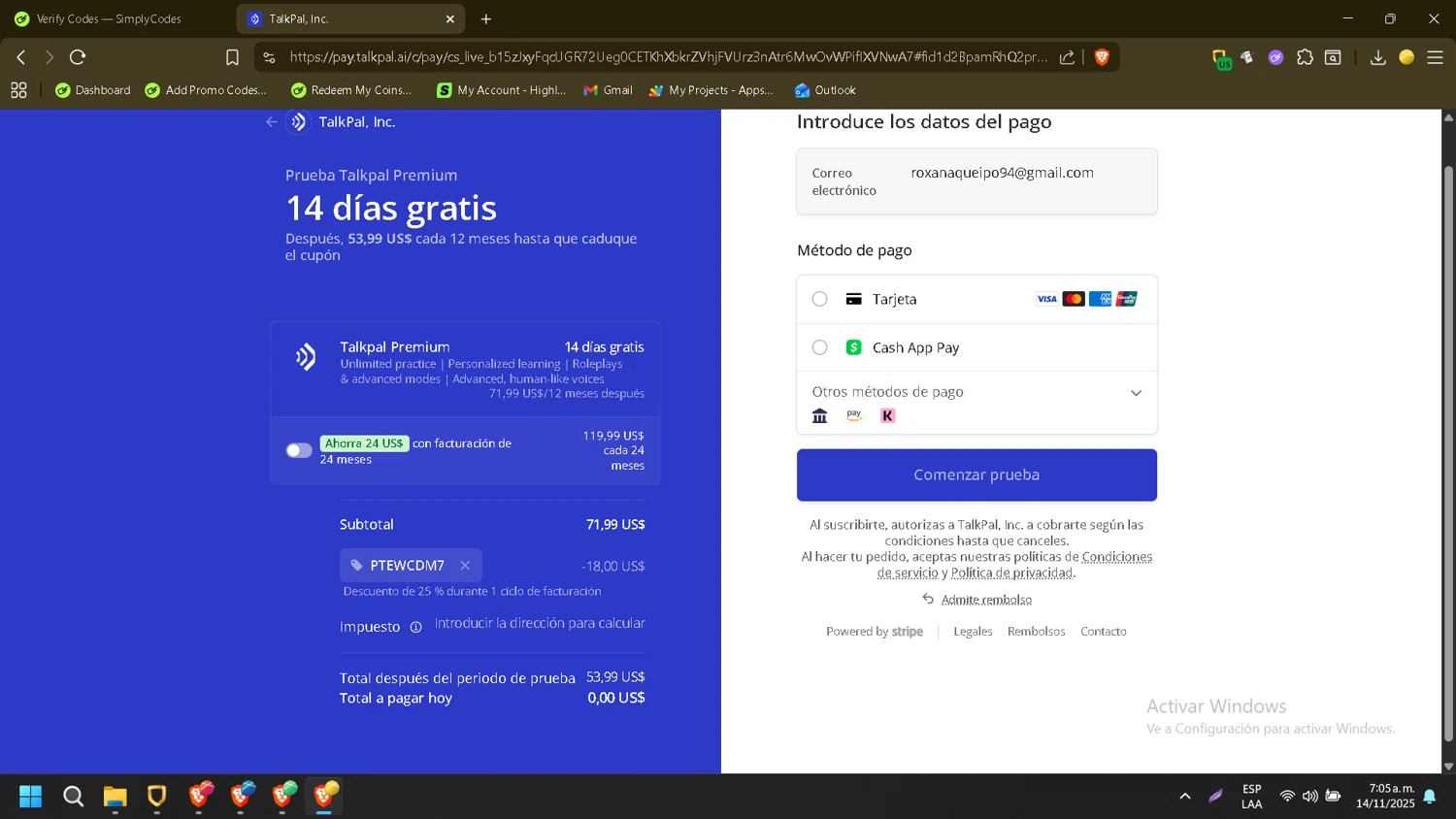 TalkPal promo code screenshot showing code PTEWCDM7 applied at TalkPal checkout page. Uploaded by SimplyCodes community member CleverMonarch8868 on Nov 14, 2025