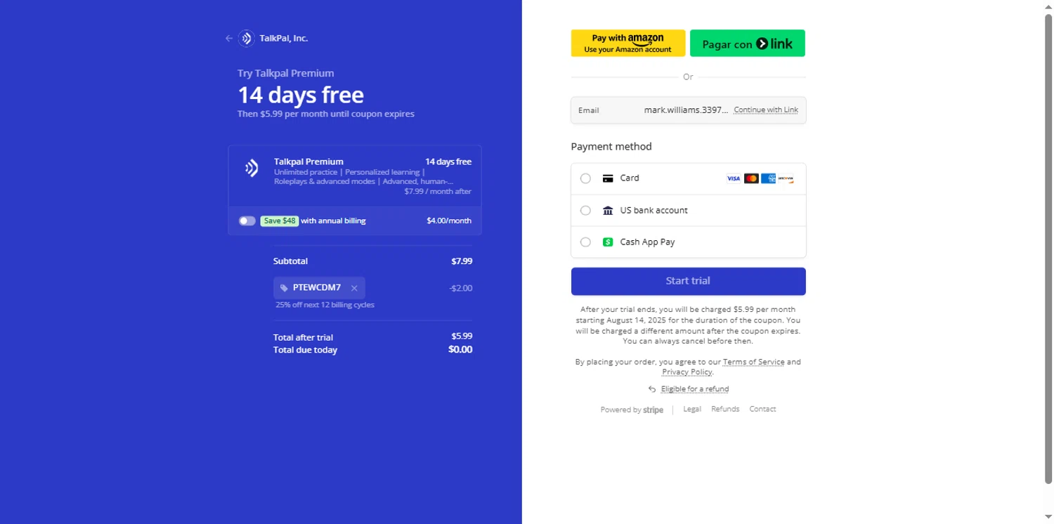 TalkPal promo code screenshot showing code PTEWCDM7 applied at TalkPal checkout page. Uploaded by SimplyCodes community member renegul on Jul 31, 2025