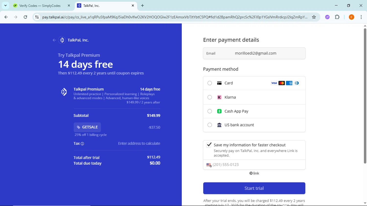 TalkPal promo code screenshot showing code GETSALE applied at TalkPal checkout page. Uploaded by SimplyCodes community member BudgetFox5491 on Jul 3, 2025