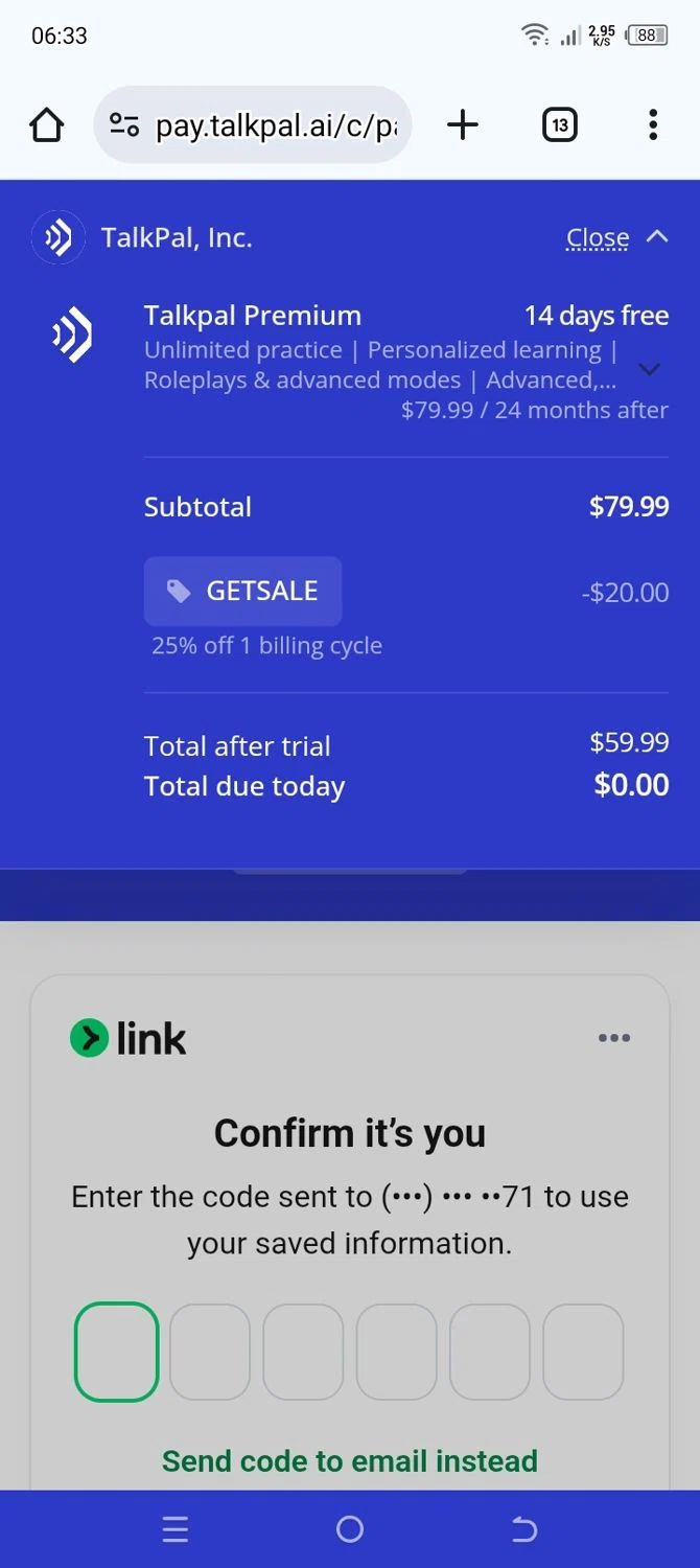 TalkPal promo code screenshot showing code GETSALE applied at TalkPal checkout page. Uploaded by SimplyCodes community member ElToro on Nov 14, 2025