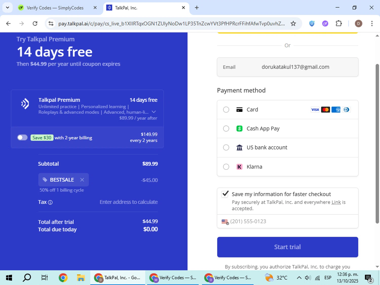 TalkPal promo code screenshot showing code BESTSALE applied at TalkPal checkout page. Uploaded by SimplyCodes community member BrilliantWizard8884 on Oct 13, 2025
