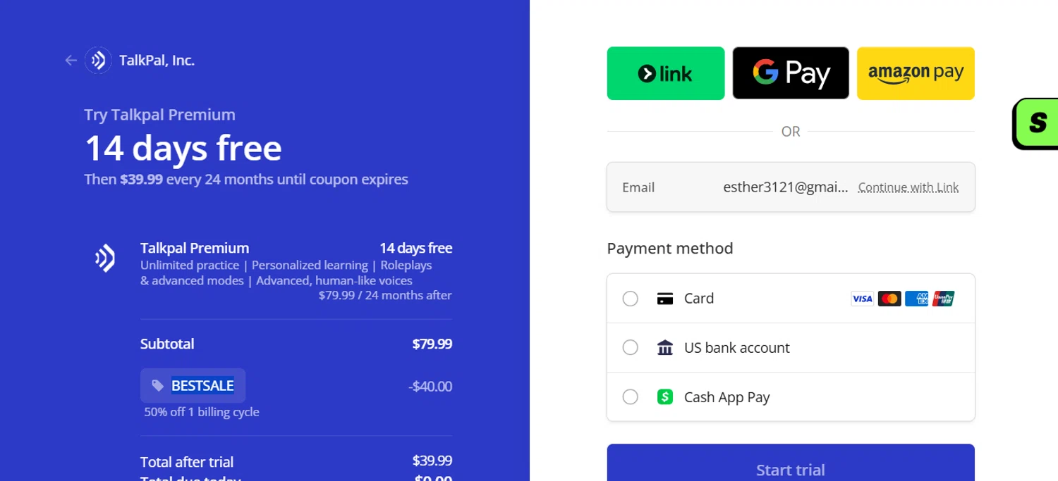 TalkPal promo code screenshot showing code BESTSALE applied at TalkPal checkout page. Uploaded by SimplyCodes community member ESTHER3121 on Dec 27, 2025