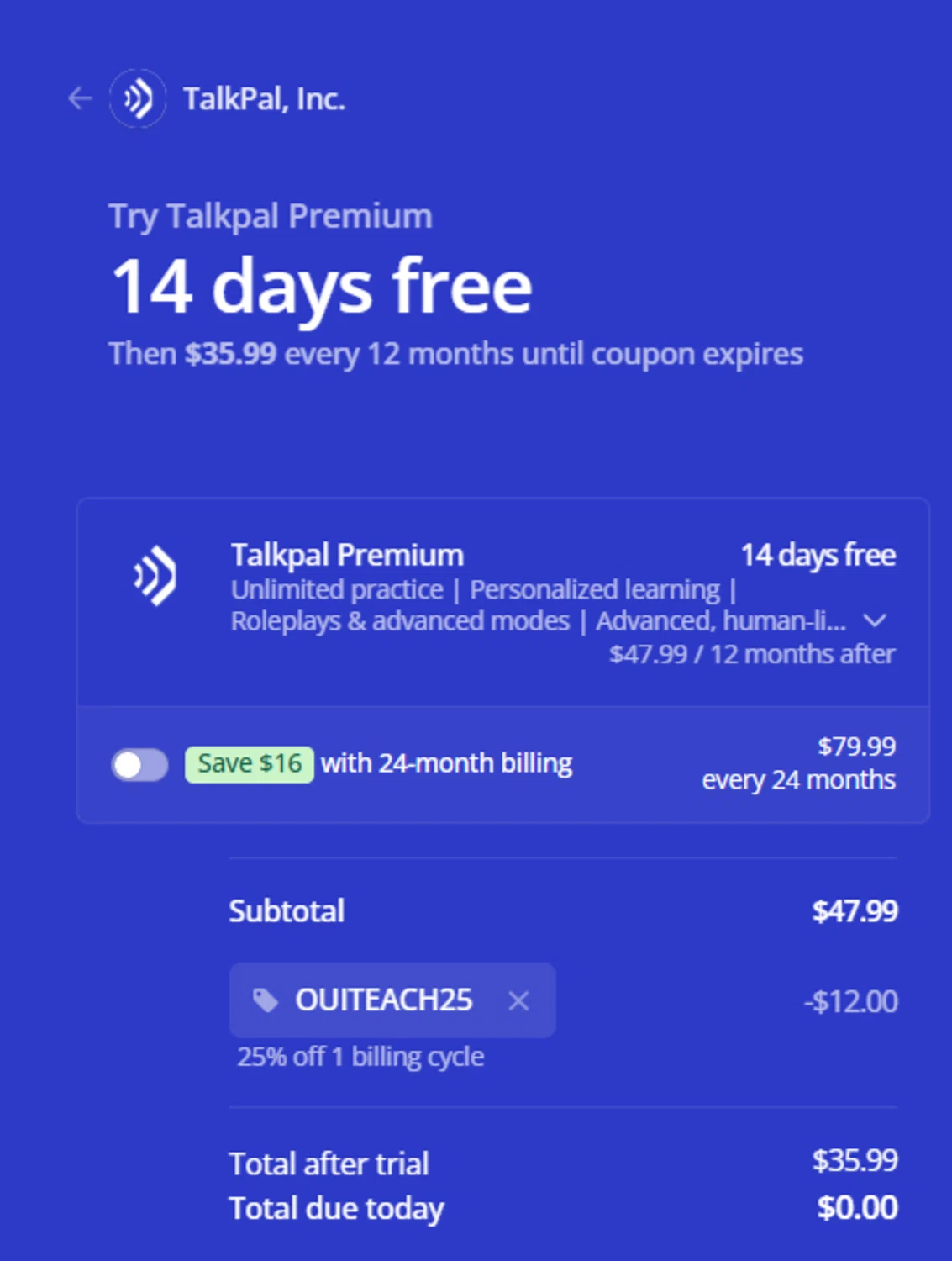 TalkPal promo code screenshot showing code OUITEACH25 applied at TalkPal checkout page. Uploaded by SimplyCodes community member ESTHER3121 on Dec 27, 2025