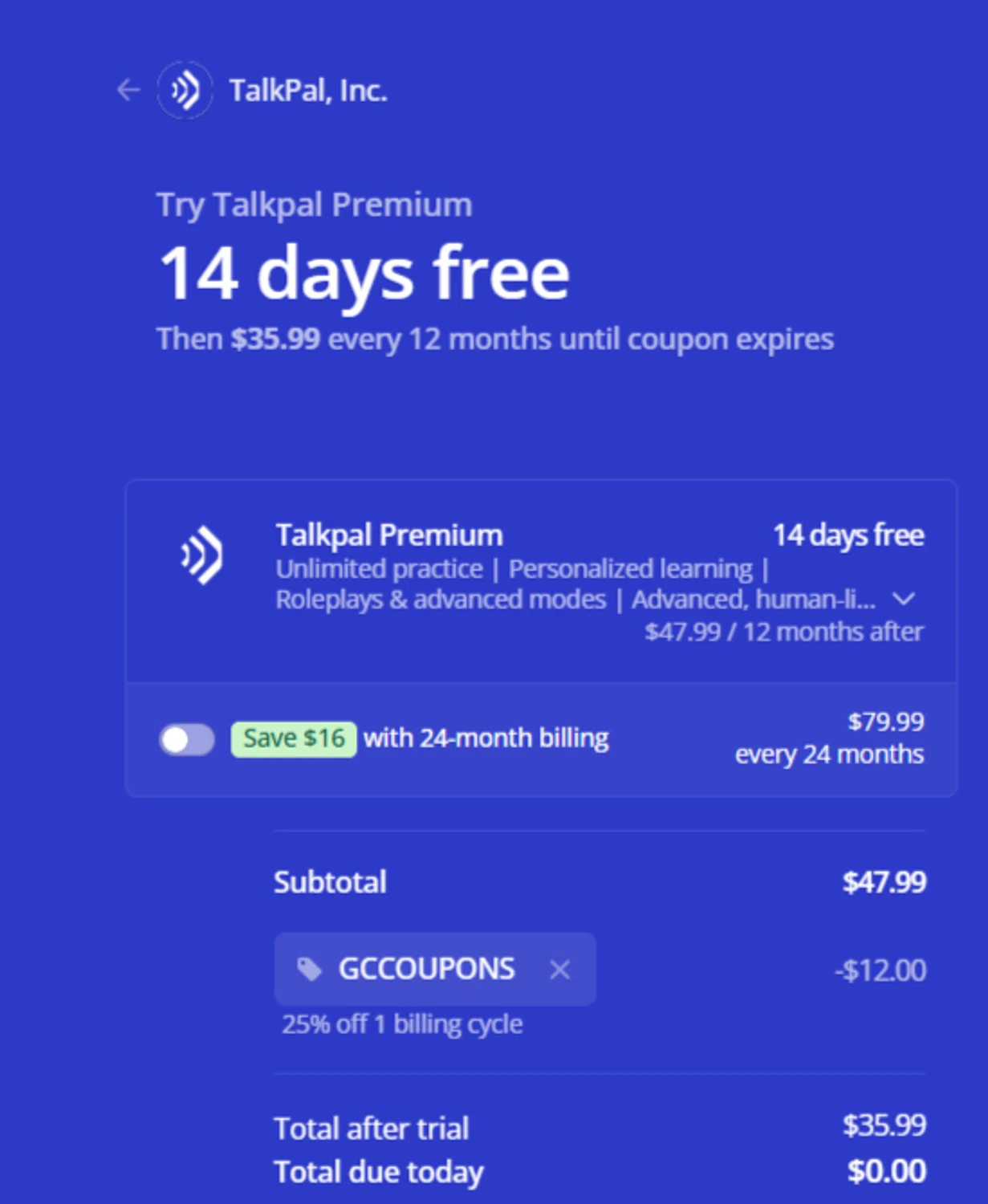 TalkPal promo code screenshot showing code GCCOUPONS applied at TalkPal checkout page. Uploaded by SimplyCodes community member ESTHER3121 on Dec 27, 2025