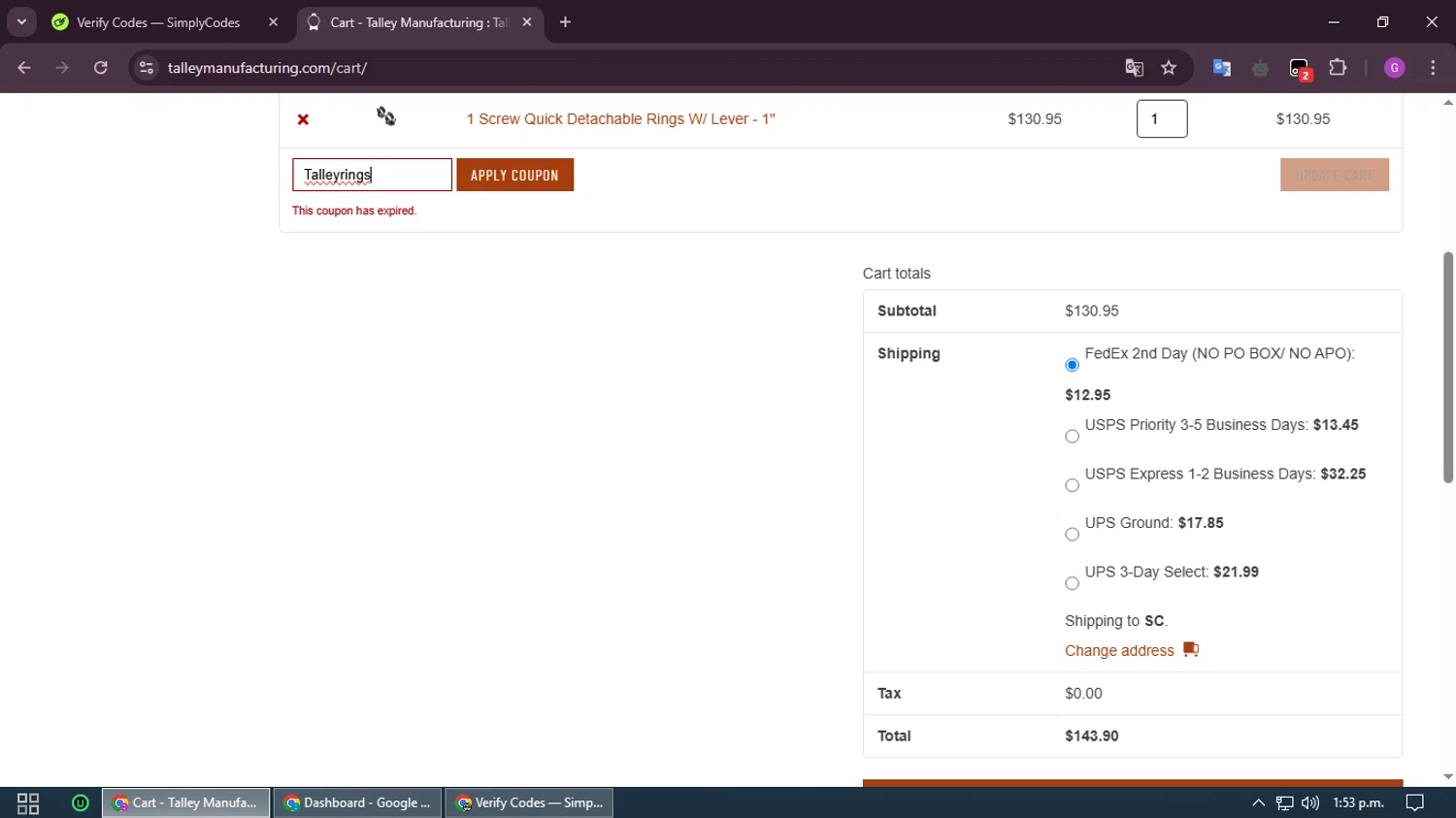 Talley Manufacturing discount code screenshot showing code Talleyrings applied at Talley Manufacturing checkout page. Uploaded by SimplyCodes community member RewardHero5435 on Mar 26, 2025