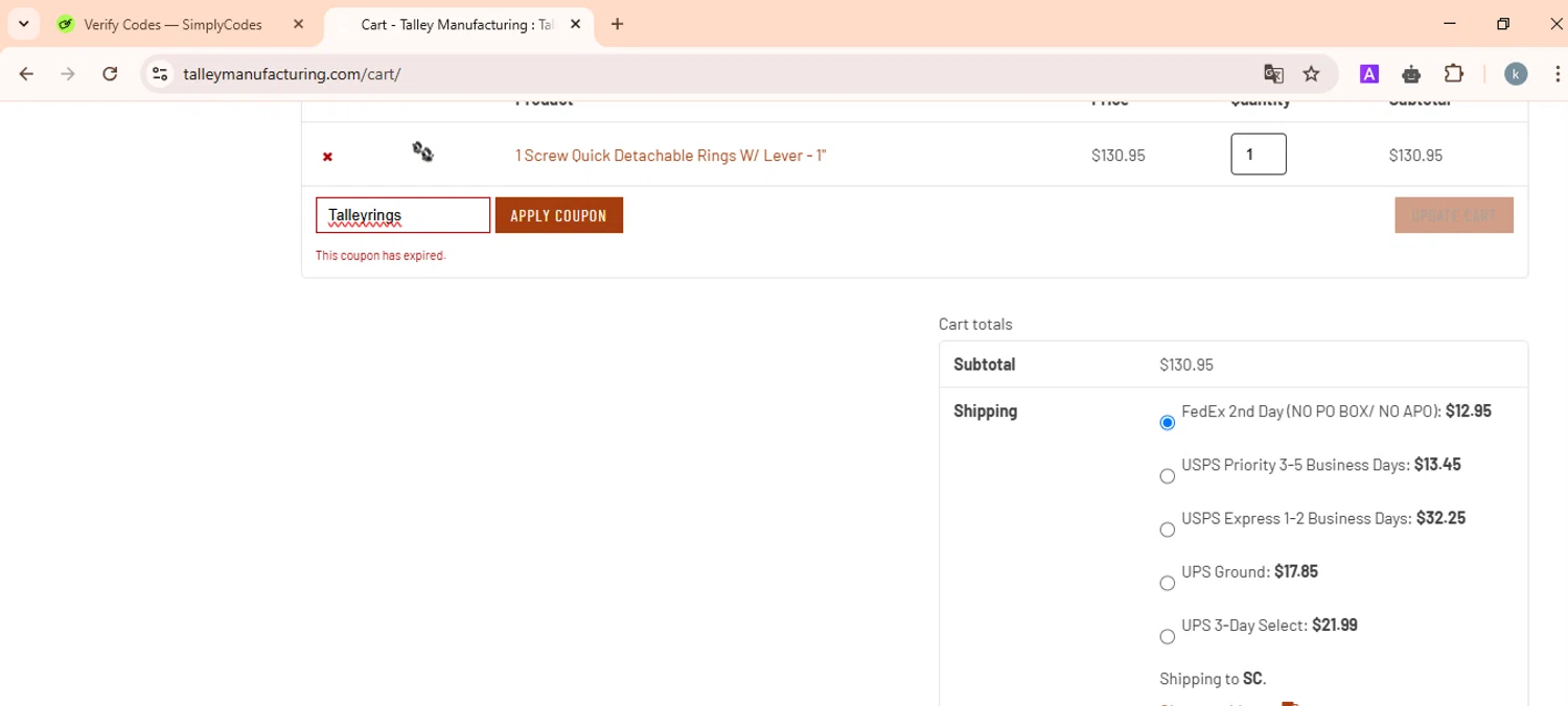 Talley Manufacturing discount code screenshot showing code Talleyrings applied at Talley Manufacturing checkout page. Uploaded by SimplyCodes community member FortunateMaven6799 on Mar 18, 2025
