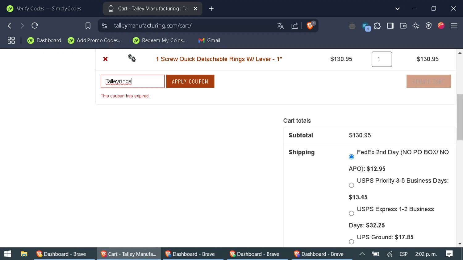 Talley Manufacturing discount code screenshot showing code Talleyrings applied at Talley Manufacturing checkout page. Uploaded by SimplyCodes community member WonderFox6469 on Mar 26, 2025