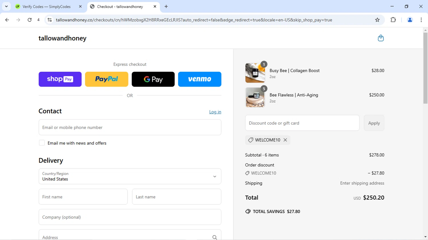 Tallow and Honey discount code screenshot showing code WELCOME10 applied at Tallow and Honey checkout page. Uploaded by SimplyCodes community member SofiaVentura on Jun 23, 2025