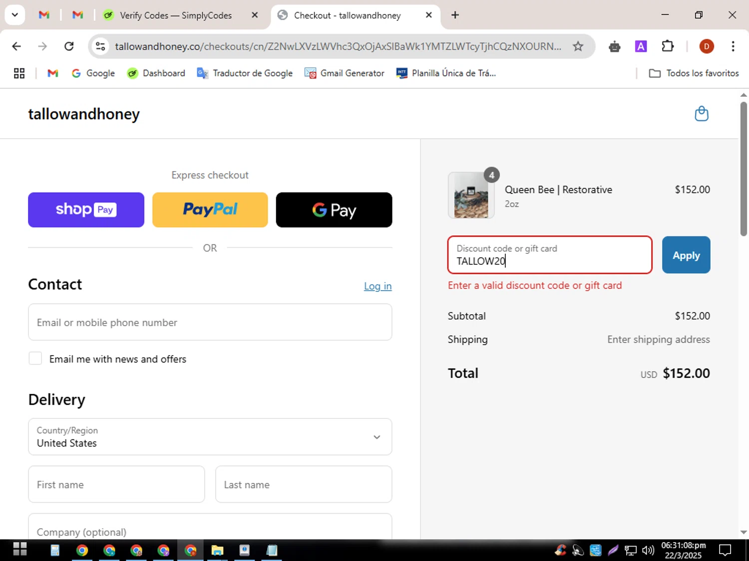 Tallow and Honey discount code screenshot showing code TALLOW20 applied at Tallow and Honey checkout page. Uploaded by SimplyCodes community member GloriousDefender267 on Mar 22, 2025