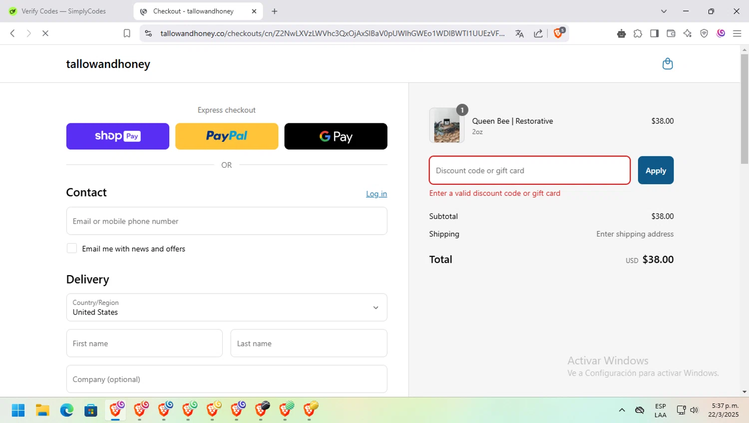 Tallow and Honey discount code screenshot showing code TALLOW20 applied at Tallow and Honey checkout page. Uploaded by SimplyCodes community member pinpon on Mar 22, 2025