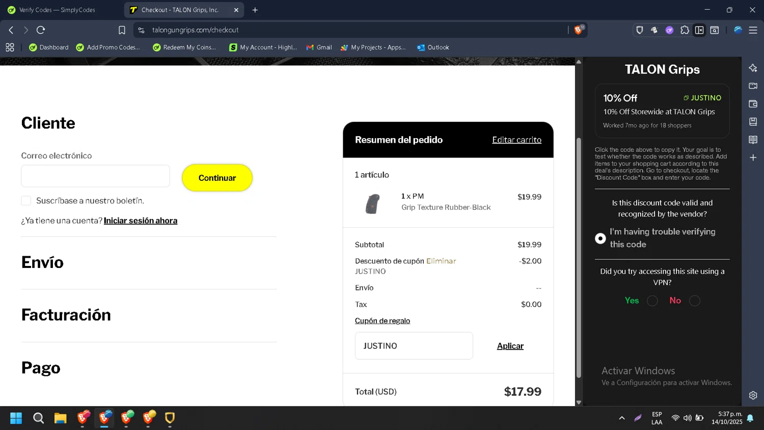 TALON Grips discount code screenshot showing code JUSTINO applied at TALON Grips checkout page. Uploaded by SimplyCodes community member HugoChavez1 on Oct 14, 2025