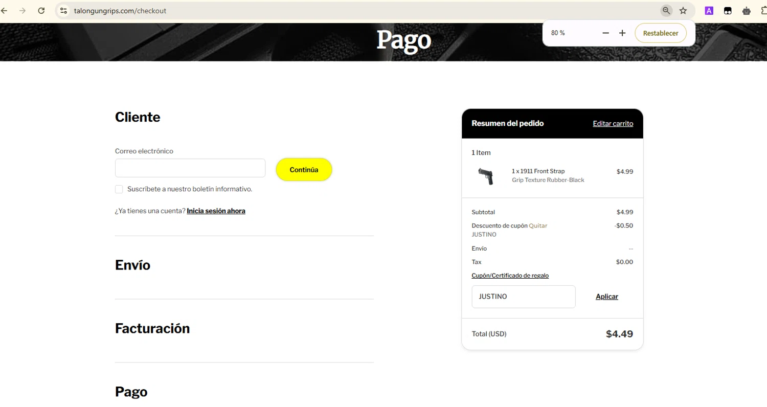 TALON Grips discount code screenshot showing code JUSTINO applied at TALON Grips checkout page. Uploaded by SimplyCodes community member Samugl21 on Mar 28, 2025