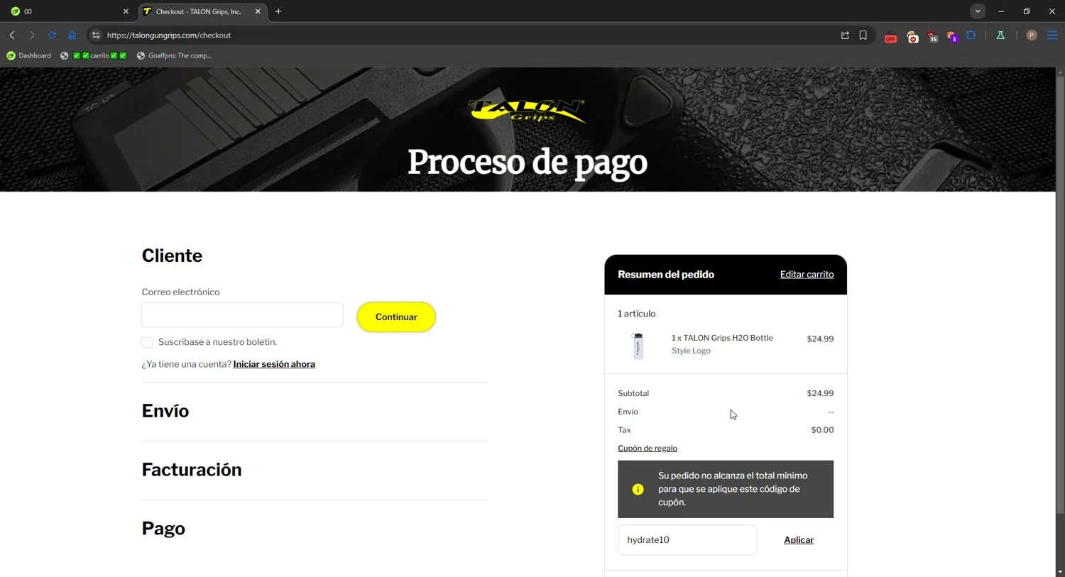 TALON Grips discount code screenshot showing code hydrate10 applied at TALON Grips checkout page. Uploaded by SimplyCodes community member CrownPro3073 on Oct 30, 2025