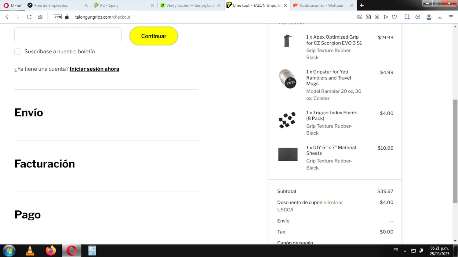 TALON Grips discount code screenshot showing code USCCA applied at TALON Grips checkout page. Uploaded by SimplyCodes community member EpicHero3429 on Mar 28, 2025