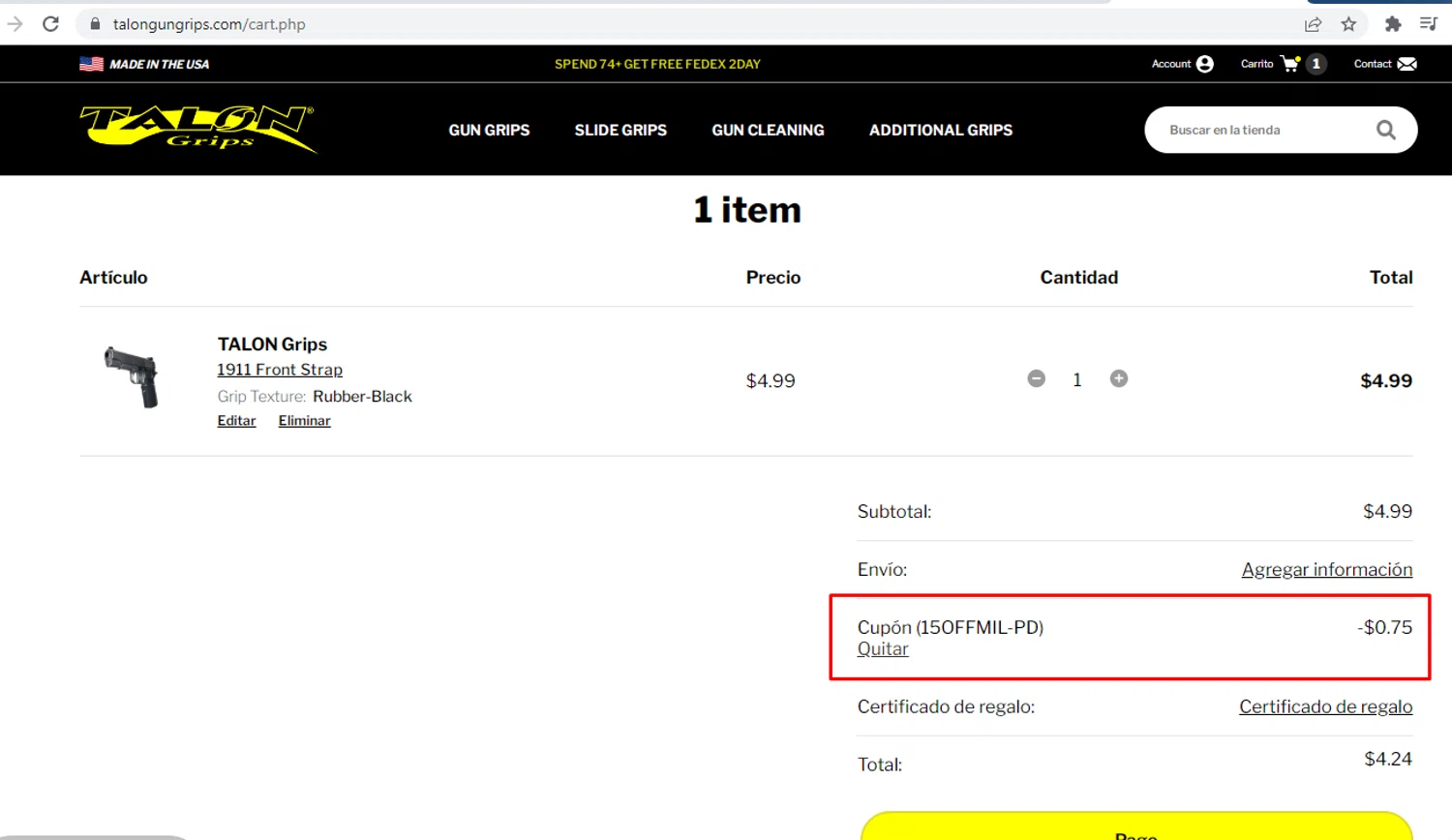 TALON Grips discount code screenshot showing code 15OFFMIL-PD applied at TALON Grips checkout page. Uploaded by SimplyCodes community member nileskamarcano on Jan 1, 2026