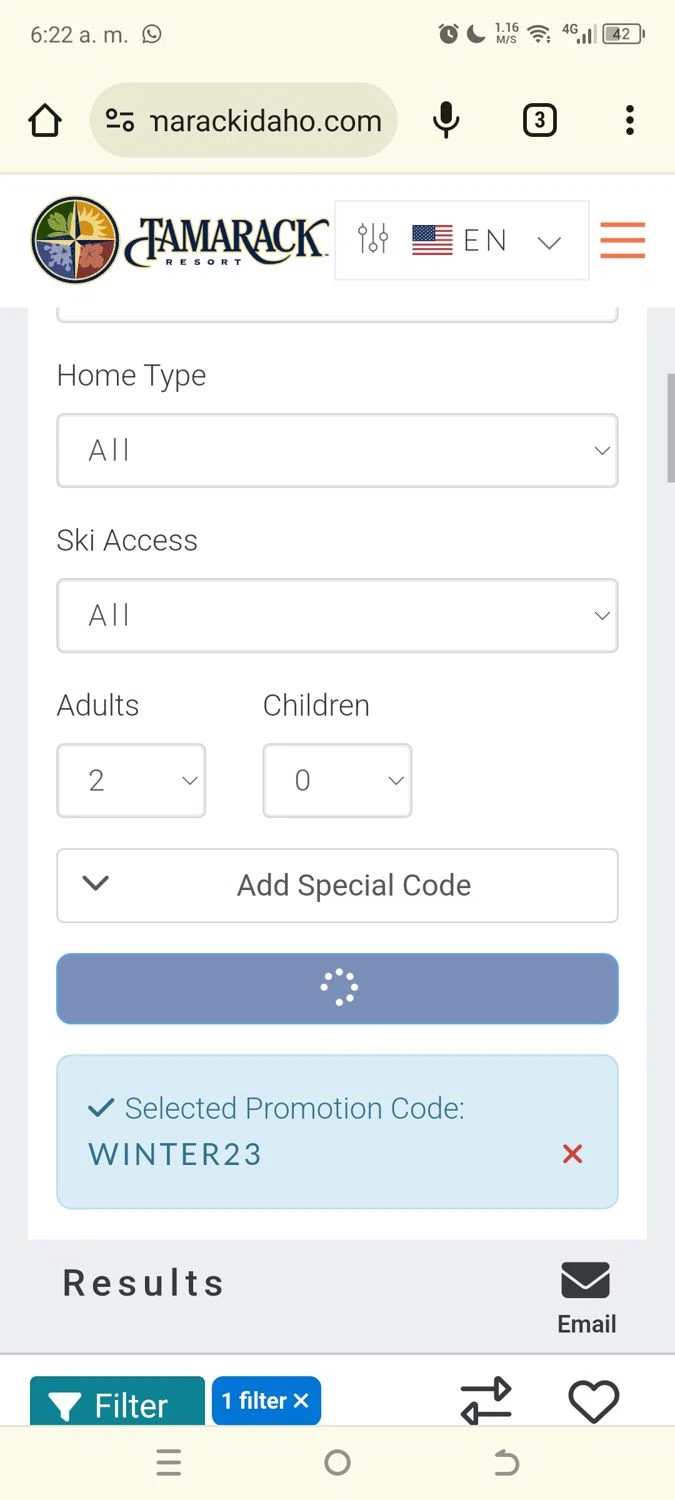 Tamarack Resort checkout page showing Tamarack Resort promo code box | Screenshot taken by SimplyCodes community member on Jan 10, 2024