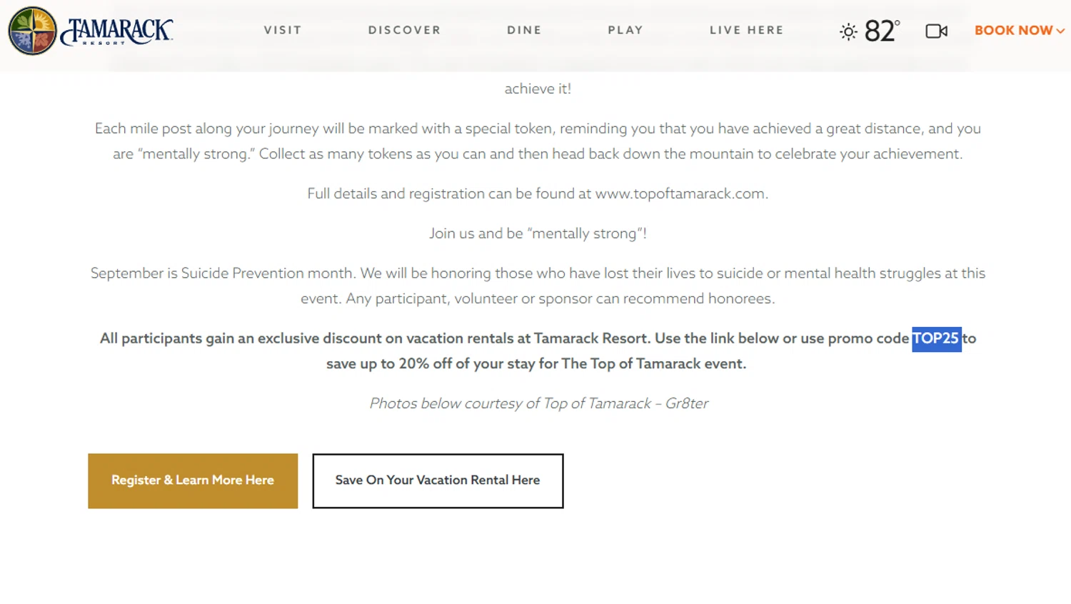 Tamarack Resort promo code screenshot showing code TOP25 applied at Tamarack Resort checkout page. Uploaded by SimplyCodes community member Dejadepicharme on Jul 31, 2025