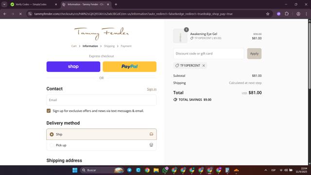 Tammy Fender checkout page showing Tammy Fender coupon code box | Screenshot taken by SimplyCodes community member on Sep 12, 2025