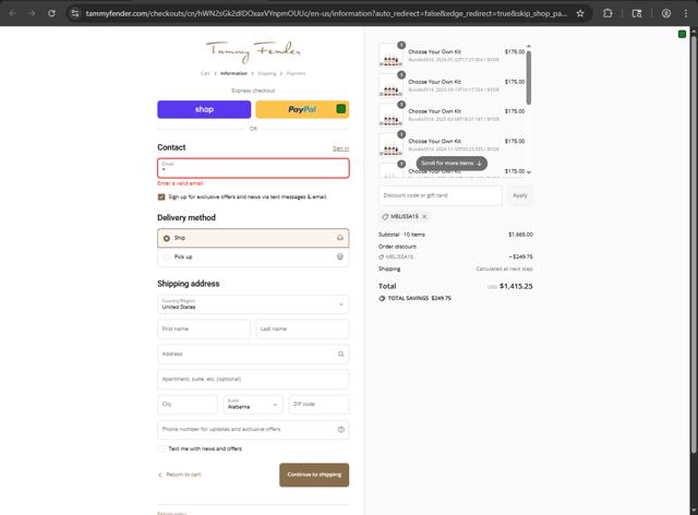 Tammy Fender checkout page showing Tammy Fender coupon code box | Screenshot taken by SimplyCodes community member on Sep 12, 2025