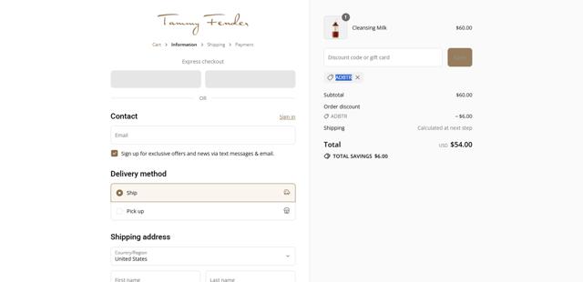 Tammy Fender checkout page showing Tammy Fender coupon code box | Screenshot taken by SimplyCodes community member on Sep 12, 2025
