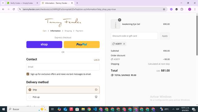 Tammy Fender checkout page showing Tammy Fender coupon code box | Screenshot taken by SimplyCodes community member on Sep 8, 2025