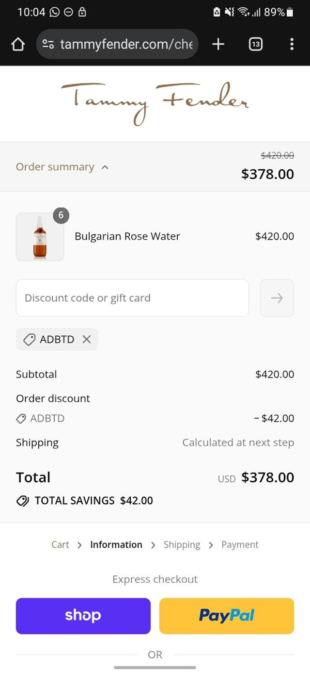 Tammy Fender checkout page showing Tammy Fender coupon code box | Screenshot taken by SimplyCodes community member on Sep 12, 2025