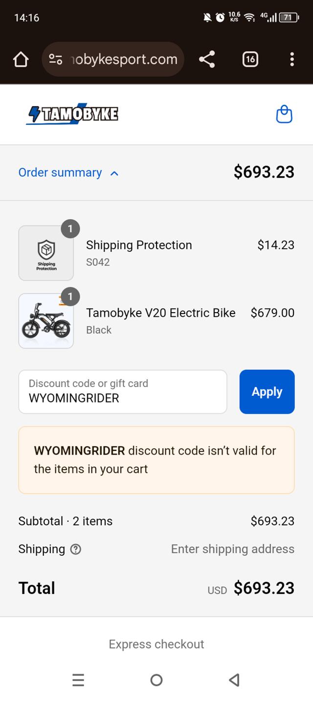 Tamobyke checkout page showing Tamobyke promo code box | Screenshot taken by SimplyCodes community member on Sep 10, 2025