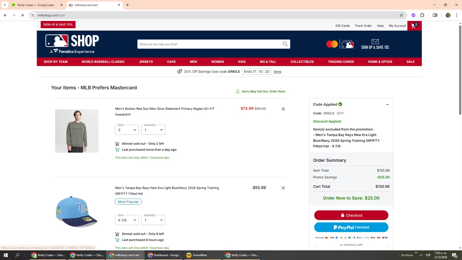 Tampa Bay Rays promo code screenshot showing code single applied at Tampa Bay Rays checkout page. Uploaded by SimplyCodes community member Phoenix585 on Feb 27, 2026
