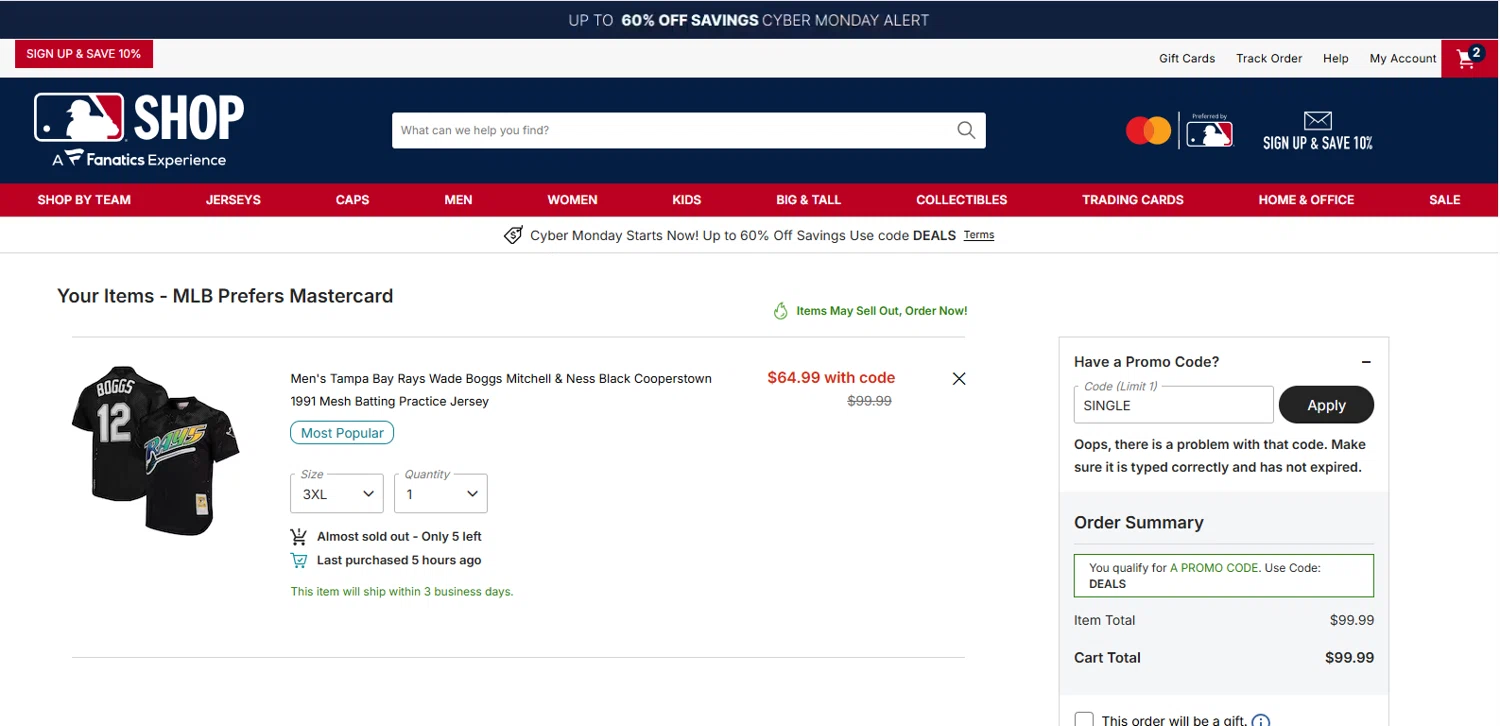 Tampa Bay Rays promo code screenshot showing code single applied at Tampa Bay Rays checkout page. Uploaded by SimplyCodes community member TOTONEROFL on Nov 30, 2025