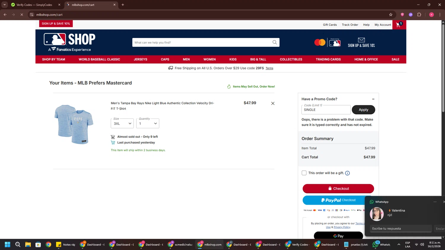 Tampa Bay Rays promo code screenshot showing code single applied at Tampa Bay Rays checkout page. Uploaded by SimplyCodes community member TreasureWarden457 on Feb 16, 2026