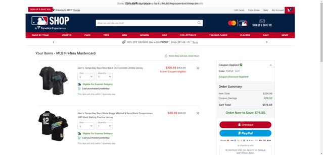 Tampa Bay Rays checkout page showing Tampa Bay Rays promo code box | Screenshot taken by SimplyCodes community member on Oct 3, 2025
