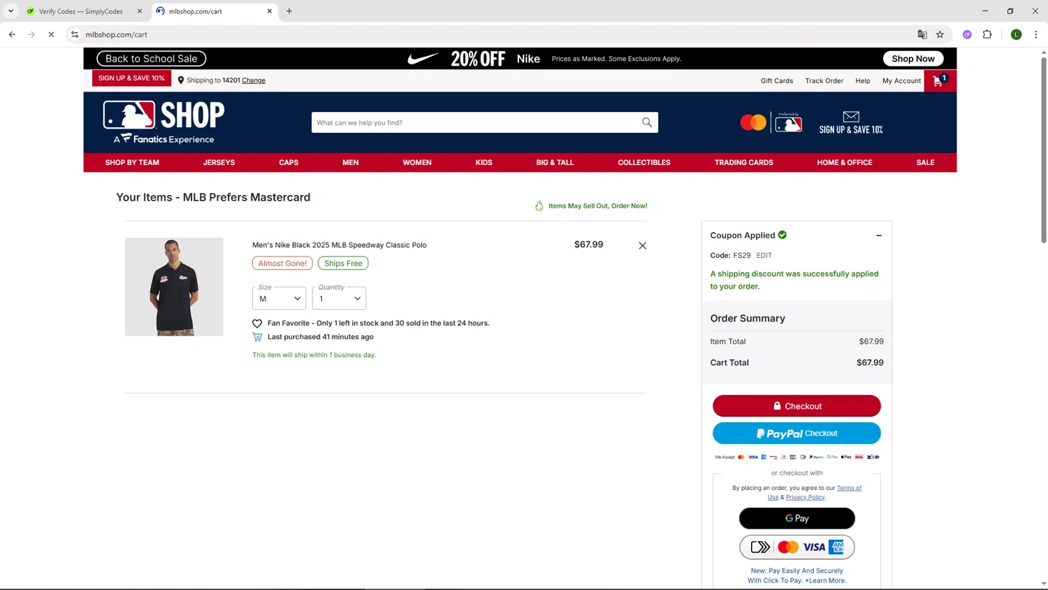 Tampa Bay Rays promo code screenshot showing code FS29 applied at Tampa Bay Rays checkout page. Uploaded by SimplyCodes community member DUCATI on Aug 3, 2025