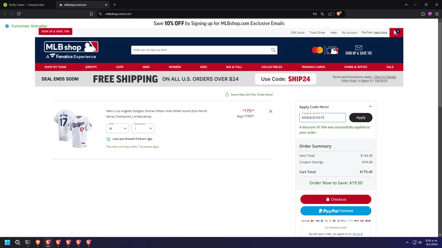 Tampa Bay Rays promo code screenshot showing code SASMLB10317 applied at Tampa Bay Rays checkout page. Uploaded by SimplyCodes community member RANK1VERIFIED on Jan 8, 2025
