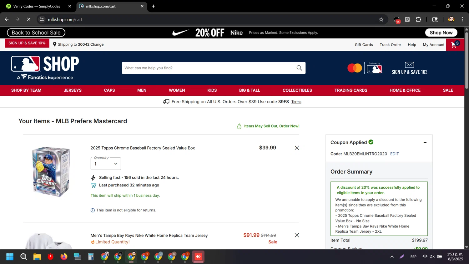 Tampa Bay Rays promo code screenshot showing code MLB20EMLINTRO2020 applied at Tampa Bay Rays checkout page. Uploaded by SimplyCodes community member Rei_Chikita_uwu on Aug 8, 2025