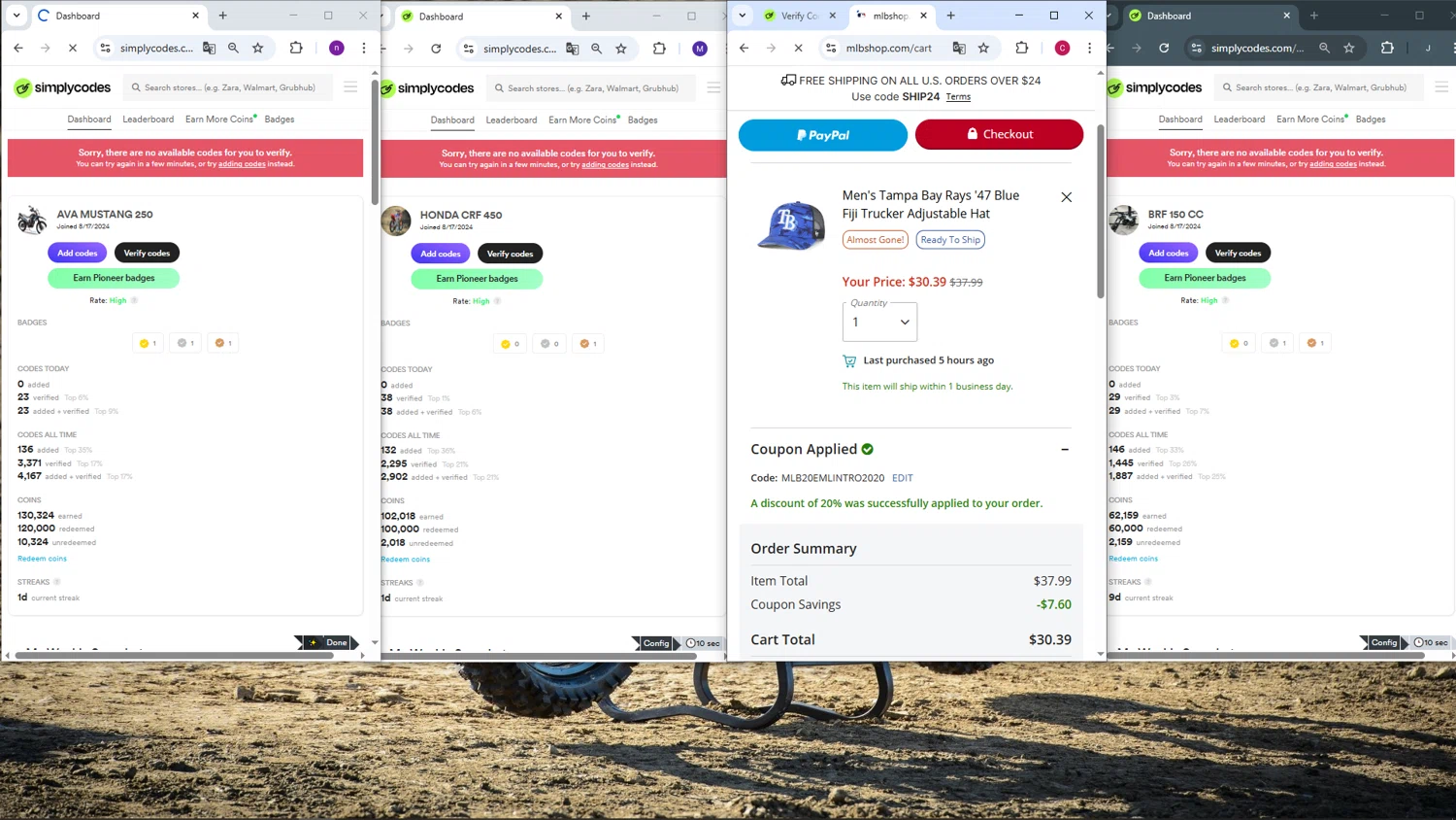 Tampa Bay Rays promo code screenshot showing code MLB20EMLINTRO2020 applied at Tampa Bay Rays checkout page. Uploaded by SimplyCodes community member TOROREX250 on Mar 13, 2025