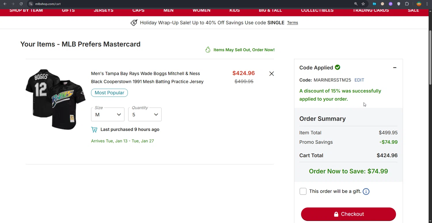 Tampa Bay Rays checkout page showing Tampa Bay Rays promo code box | Screenshot taken by SimplyCodes community member on Dec 27, 2025