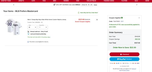 Tampa Bay Rays checkout page showing Tampa Bay Rays promo code box | Screenshot taken by SimplyCodes community member on Oct 2, 2025
